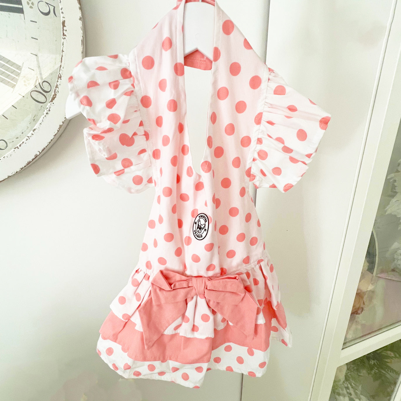 Cream with Ash Pink Spots Dog Dress with bow -End of line!