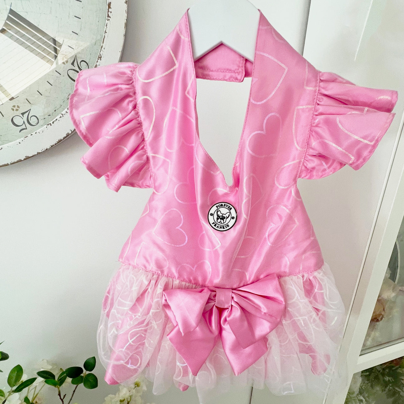 Pink Satin overlaid with Tule Dog Dress with bow -End of line!