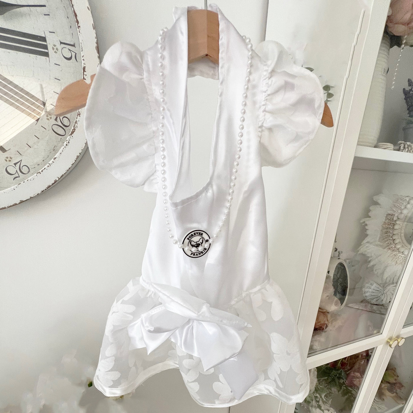 White Luxe Lace Dog Dress with bow -End of line!