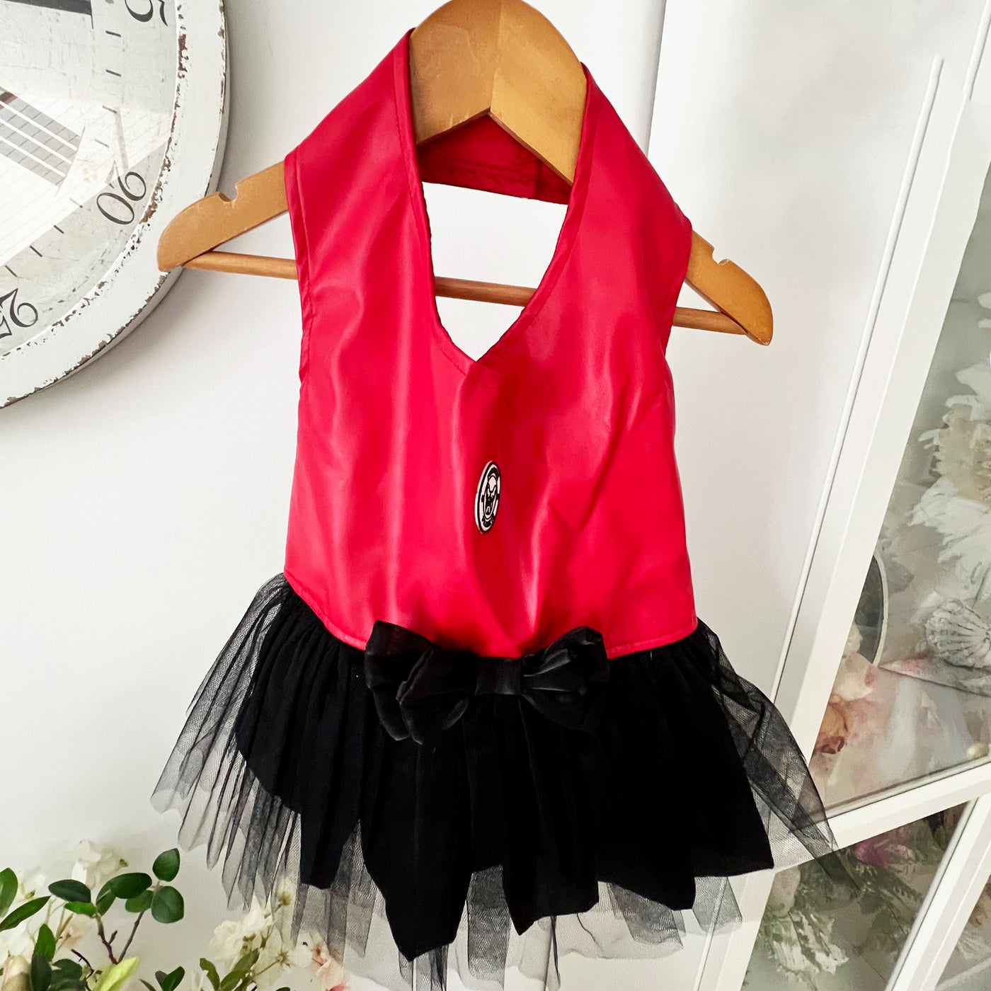 Faux Leather Red with Black Frill Dog Dress with bow -End of line!