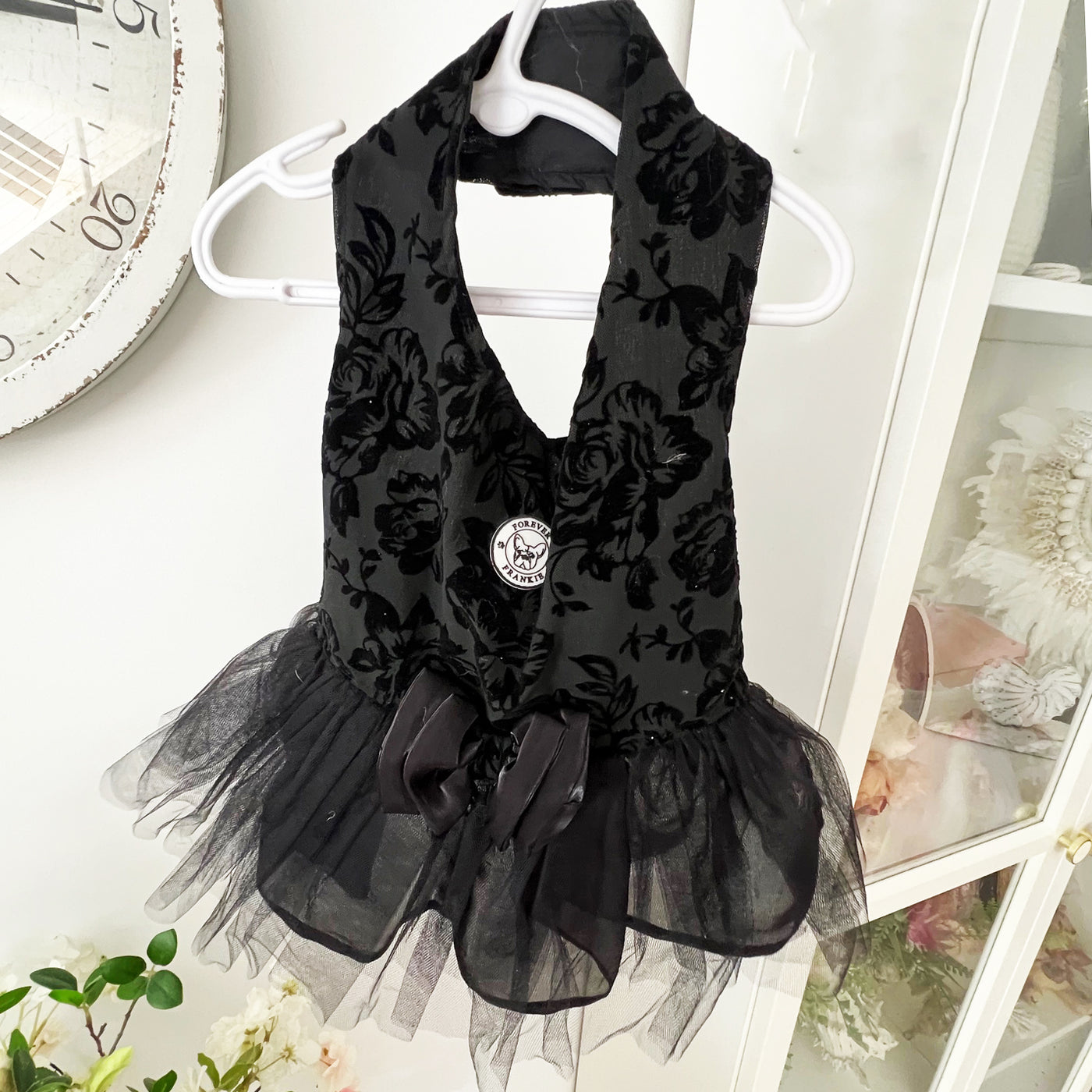 Black with Floral Embossed Dog Dress with bow -End of line!