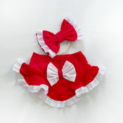 Red with white lace Bandana & Matching Bow Set-MEDIUM