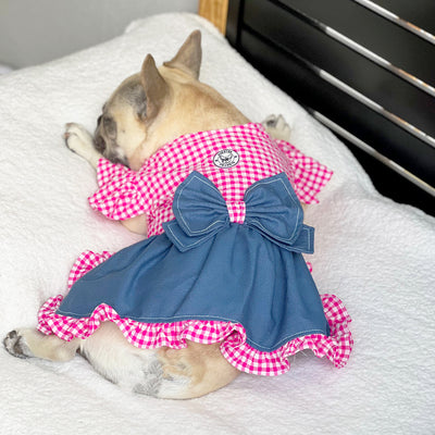 Denim & Fuschia Pink Gingham - Ruffles Dog Dress with bow (Limited Edition)