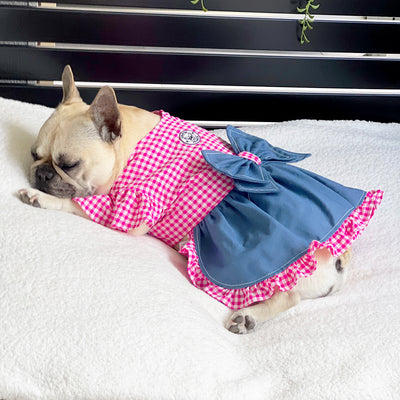 Denim & Fuschia Pink Gingham - Ruffles Dog Dress with bow (Limited Edition)